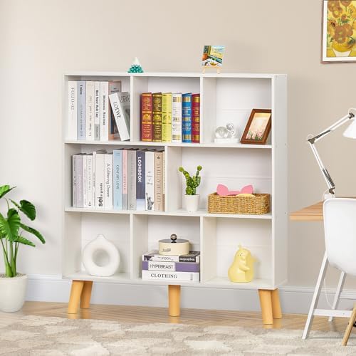 YAHARBO 8 Cube White Bookshelf,3 Tier Book Shelf with Legs,Modern Minimalist Bookcase,Open Book Shelves Storage Organize