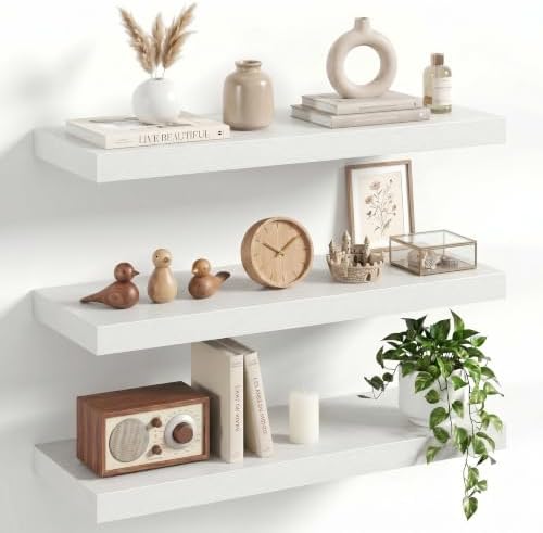 24" Floating Shelves for Wall, Set of 3, 8" Deep, 1.5" Thick, White