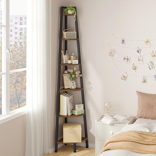 Hoctieon Corner Shelf, 6-Tier Corner Bookshelf, Rustic Ladder Shelf, Industrial Display Stand for Living Room, Kitchen, 