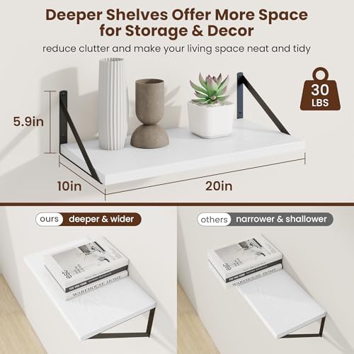 Axeman 20 Inch Floating Shelves, 10 Inch Deep White Wall Shelves Set of 2