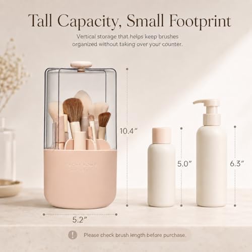 EACHY Makeup Brush Holder with Lid, 360° Rotating Vanity Organizer for Brushes, Dustproof Cosmetic Display Case, 7 Compa