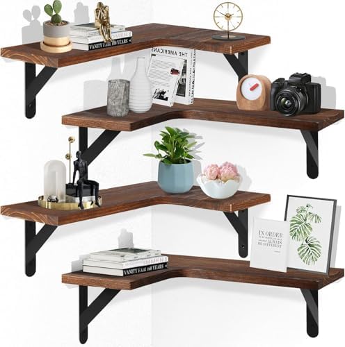 Set of 4 Corner Floating Shelves, L-Shaped Corner Shelf,Dark Brown