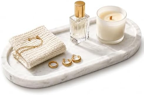 Natural Marble Vanity Tray Waterproof Italy Stone Bathroom Organizer for Perfume, Candles & Jewelry Non-Slip Oval Storag