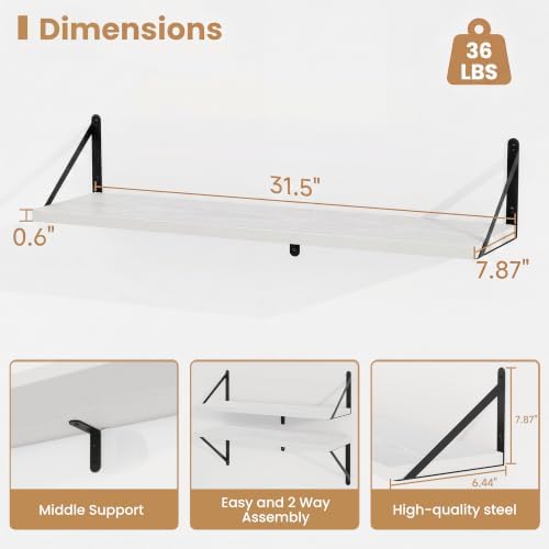 Heimlove Floating Book Shelves for Wall,31.5Inches Long Wall Mounted Bookshelves,Heavy Duty Bracket Shelves for Living R