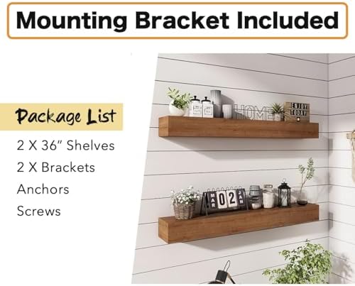 Wall Floating Shelves, Rustic Wood Shelf for Wall Mounted - Wooden Handmade Shelves for Bathroom Kitchen Livingroom(Walnut, 36 Inch - 2 Pack)