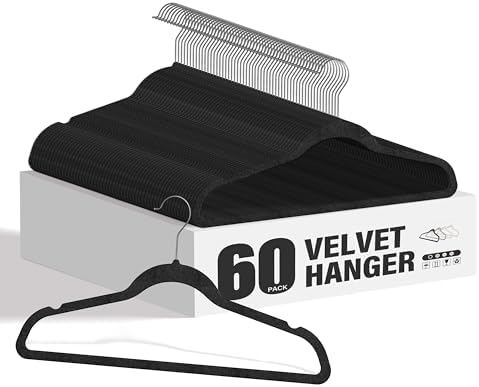 HealSmart Velvet Hangers 60 Pack, Space Saving Clothes Hangers for Closet, Non-Slip Heavy Duty Coat Hangers for Pants, Shirt, Sweater, Suit & Dress Clothing with 360° Swivel Hook, Black