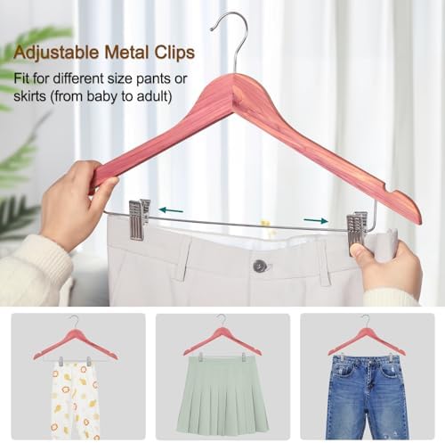 TOPIA HANGER American Red Cedar Wooden Hangers with Adjustable Metal Clips and 360° Swivel Hook, Premium Wood Clothes Hangers 20 Pack for Suit, Pant, Skirt, Jeans, Coat, Jacket-CT28C20