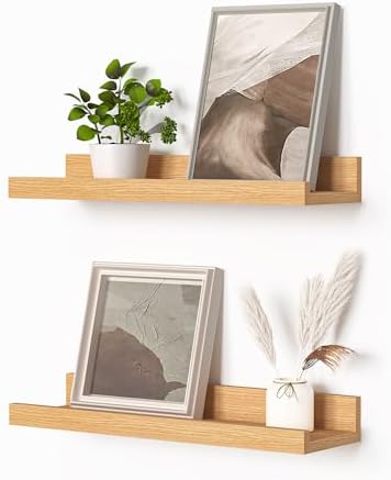 Heimlove Picture Ledge Shelf, Small Floating Shelves Set of 2, 16 Inches Picture Shelf for Wall with Ledge, Kids Bookshelf Wall Mounted for Living Room Bedroom Decor Books Photo Frames, Oak