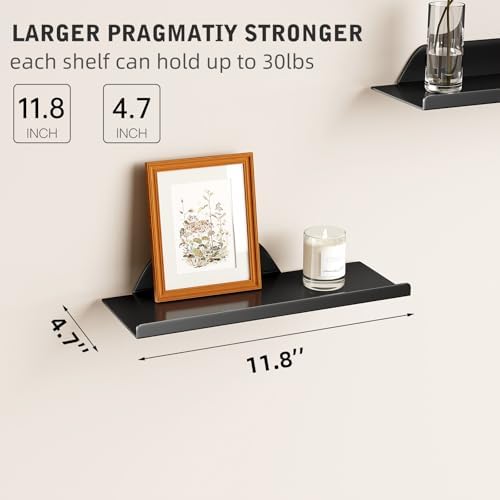Floating Shelves for Wall, Wall Shelves, Off Center Metal Shelves for Living Room, 12” Modern Black Hanging Shelves for 