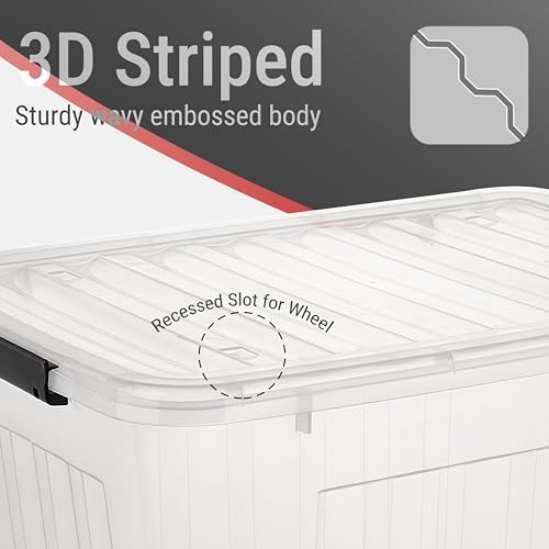 Cetomo Plastic Storage Bins, Lidded Storage Box with Wheels for Home Office Dorm, Wheeled, Stackable, Clear, 85Quart-4 P