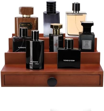 3 Tier Men's Cologne Organizer, Brown Wood Perfume Display Stand w/ Drawer