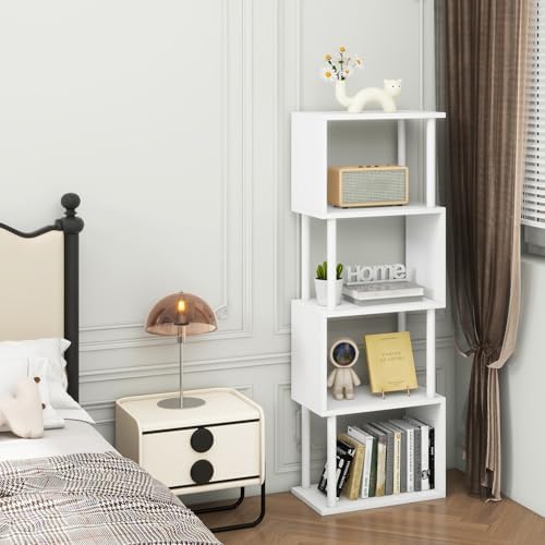 IBUYKE 5-Tier Tall Bookshelf,S-Shaped Geometric Bookcase,White WBC015W