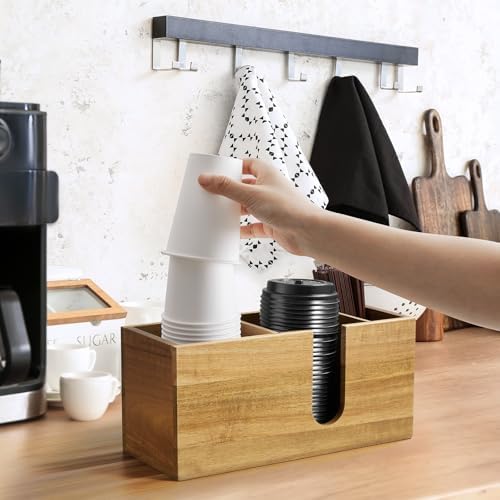 ALELION Large Acacia Wood Coffee Cup Organizer for Disposable Cups, Lids and Stir Sticks - 3-Compartment Countertop Cup 