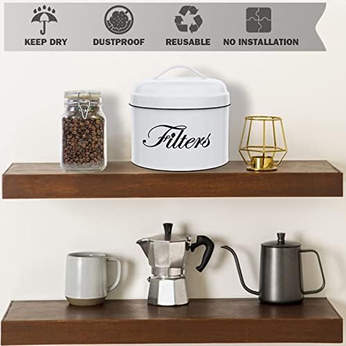 Coffee Filter Holder, White Basket Coffee Filter Storage with Lid, Round CoffeeFilter Container for Counter, Rustic Farm