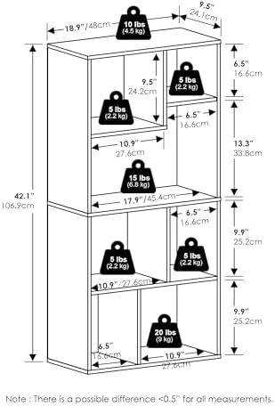Furinno DALY Book Shelf, 7-Cube Bookshelf, Cube Storage Organizer Bookcase with Irregular Compartments, 9.4 x 18.9 x 42.