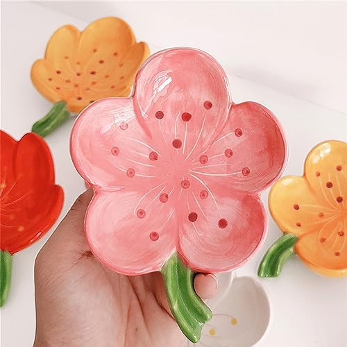 Self-Draining Soap Dish Ceramic Cute Bar Soap Holder for Countertop, Kitchen, Bathroom, Bedroom, Peach Blossom, Pink