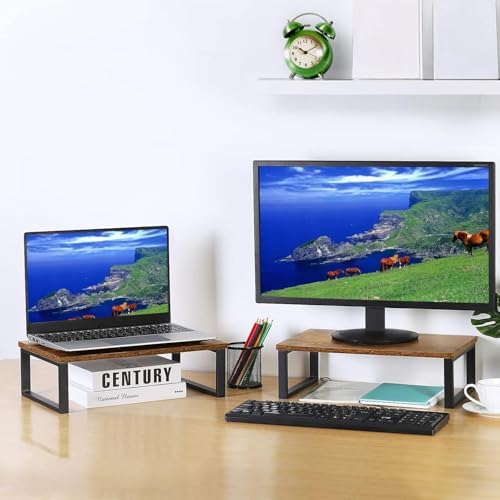 Wood Monitor Stand 2 Pack Monitor Riser for Desk, Brown