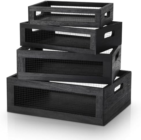 FillTouch 4 Pcs Wooden Nesting Countertop Baskets, Black, Small