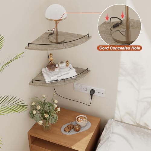 JJL Corner Shelf Wall Mounted, 12 Inches 2-Tier Floating Corner Shelf, Fan-Shaped Rustic Wood Decor with Fence, Gray Woo