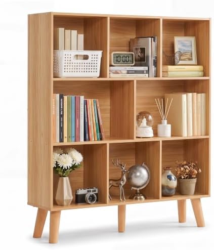 YAHARBO 8 Cube Natural Bookshelf,4 Tier Book Shelf with Legs,Modern Minimalist Bookcase,Open Book Shelves Storage Organi
