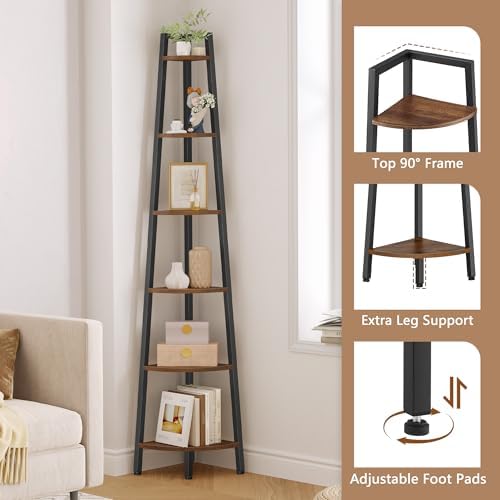 Hoctieon Corner Shelf, 6-Tier Corner Bookshelf, Rustic Ladder Shelf, Industrial Display Stand for Living Room, Kitchen, 