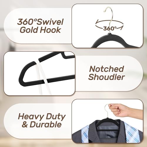 Velvet Hangers 30 Pack with Gold Hooks, Non-Slip Felt Clothes Hangers Black