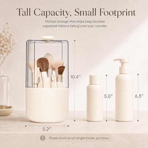 EACHY Makeup Brush Holder with Lid, Rotating Makeup Brush Organizer, Beige