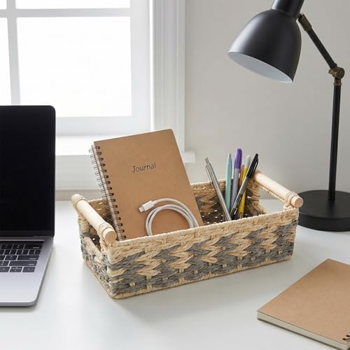 JJSQ Storage Baskets for Organizing with Handles Paper Rope Woven Storage Basket for Shelves Decorative Storage Bins for