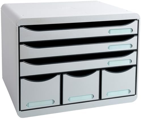 Exacompta - Store-Box Office Plus - 6 Drawer Set - 270 x 355 x 271mm, 3 A4+ Drawers + 3 Accessory Drawers, Stackable, Light Grey