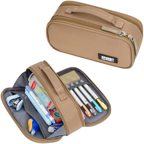 ECHSRT Large Tactical Pencil Case, 3-Compartment Pen Pouch Organizer, Khaki
