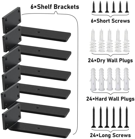 Heavy Duty Floating Shelf Brackets - 1/5 Inch Thick Industrial Black Metal L Brackets, Premium Solid Steel Shelf Support