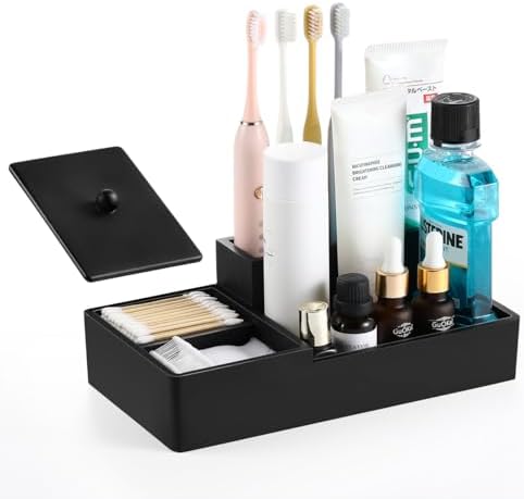 Luxspire Bathroom Counter Organizer with Lid, 6 Slots, Matte Black