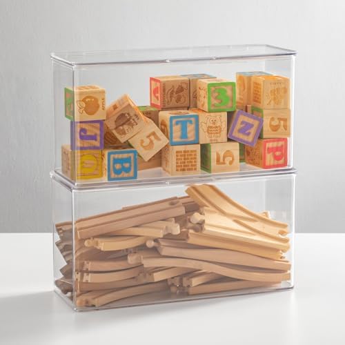mDesign Plastic Stackable Playroom/Gaming Storage Organizer Bin Box with Hinged Lid for Drawer or Cabinet - Organize Ele