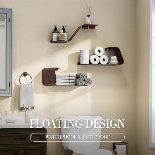 Sttoraboks Floating Wall Shelves Set of 3, Metal Mounted Shelf with Unique Design, Bookshelf for Storage & Display in Ba