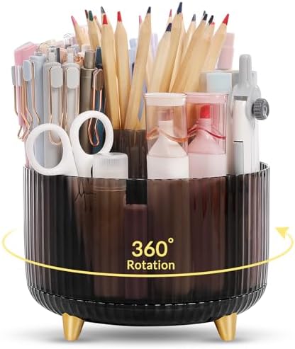 SKYDUE Rotating Pencil Pen Holder, Pen Organizer with 5 Slots - Aesthetic Desk Organizer and Accessories for School, Home, Office Supplies, Clear Black