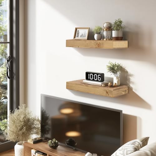 Floating Shelves, 17 Inch Wall Mounted Shelves, Set of 2, Oak
