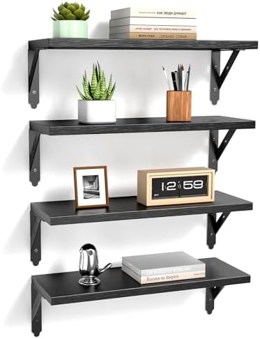 ROMGUAR CRAFT Wood Wall Floating Shelves Set of 4, 17" x 6" - Black