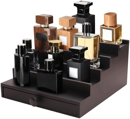 5 Tier Men's Cologne Organizer, Black Wood Display Stand Holder with Drawer