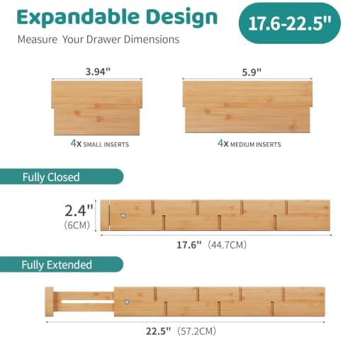 Bamboo Drawer Dividers with Inserts, Kitchen Adjustable Drawer Organizers, Expandable Organization for Home, Dressers, 4 Dividers with 8 Inserts