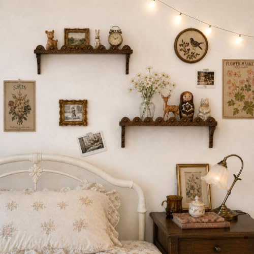 Scalloped Wood Wall Shelves, 17-Inch Wavy Rustic Floating Shelves, Set of 2