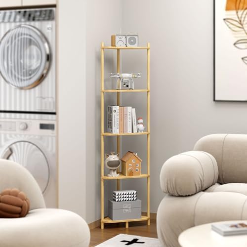 Corner Shelf Stand - 5 Tier Bamboo Small Corner Bookshelf for Office Kitchen Bedroom Plant Stand Living Room Decor Small