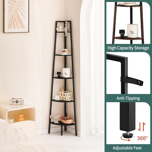 Yoobure 5-Tier Corner Shelf Stand- 67.5" Tall Corner Bookshelf with Metal Frame, Industrial Ladder Corner Shelves Displa
