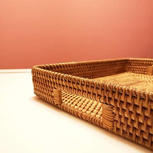 i-lan 15 Inch Large Size Handwoven Serving Tray, Decorative Rectangular Rattan Basket Bread Trays with Handles and 2.3”W