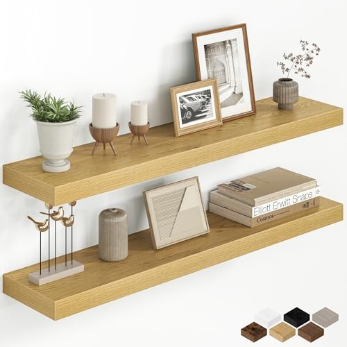 36 Inch Floating Shelves for Wall, Rustic Wood Wall Mounted Deep Storage Shelves with Invisible Brackets, Large Decorati