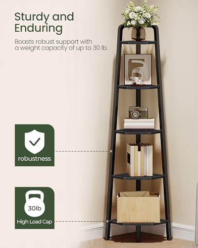 CHOEZON Corner Shelf, 5-Tier Ladder Corner Shelf, Ladder Bookshelf, 59.6" Tall Vertical Display Stand, Metal Frame Books