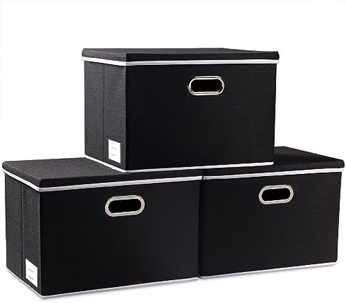 PRANDOM Extra Large Collapsible Storage Bins with Lids [3-Pack] Linen Fabric Foldable Storage Baskets Boxes Organizer Co