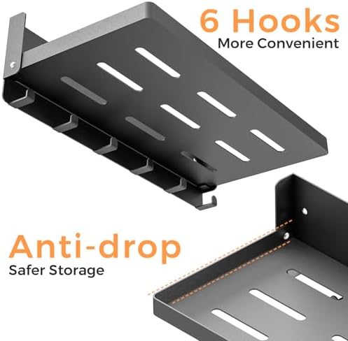 Small Folding Metal Shelf with Hooks, Fold-up Wall Shelf, 6 Hooks, Drop Down Floating Shelf for Laundry Room, Kitchen, R