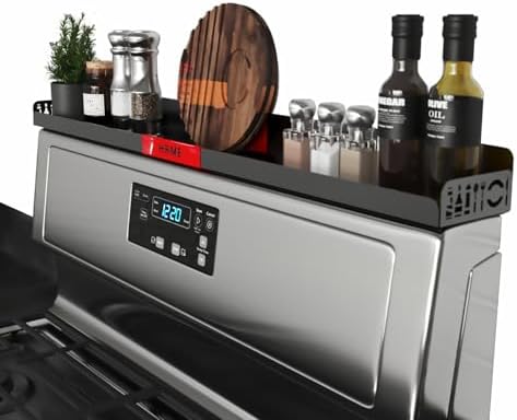 30" Magnetic Stove Top Shelf – Black Spice Rack with Red HOME Design – Seasoning Organizer for Back of Stove – Over Stov