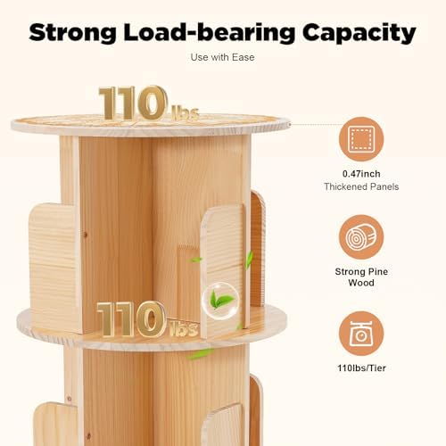 2 Tier Rotating Bookshelf with Legs, Small Corner Bookshelf Floor Standing Wooden Narrow Bookcase Organizer,Revolving Bo