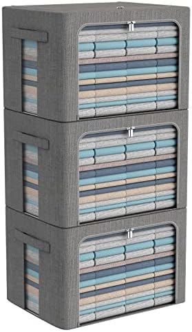 CYhom 3Pack Foldable Storage Bins - Frame Storage Box Linen Fabric Stackable Clothes Container Organizer with Clear Wind